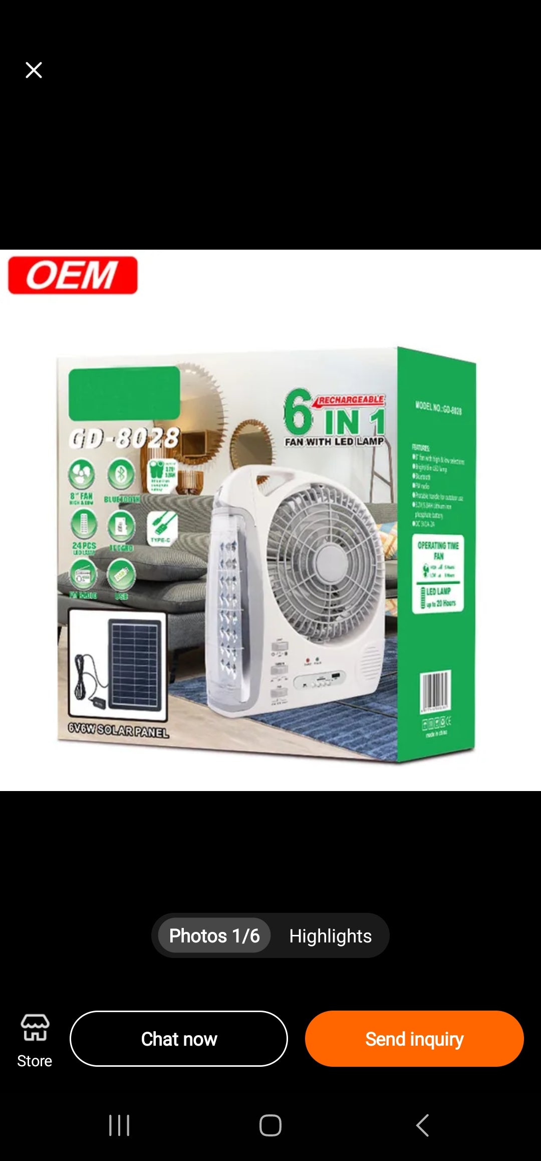 6 In 1 Rechargeable Solar Fan
